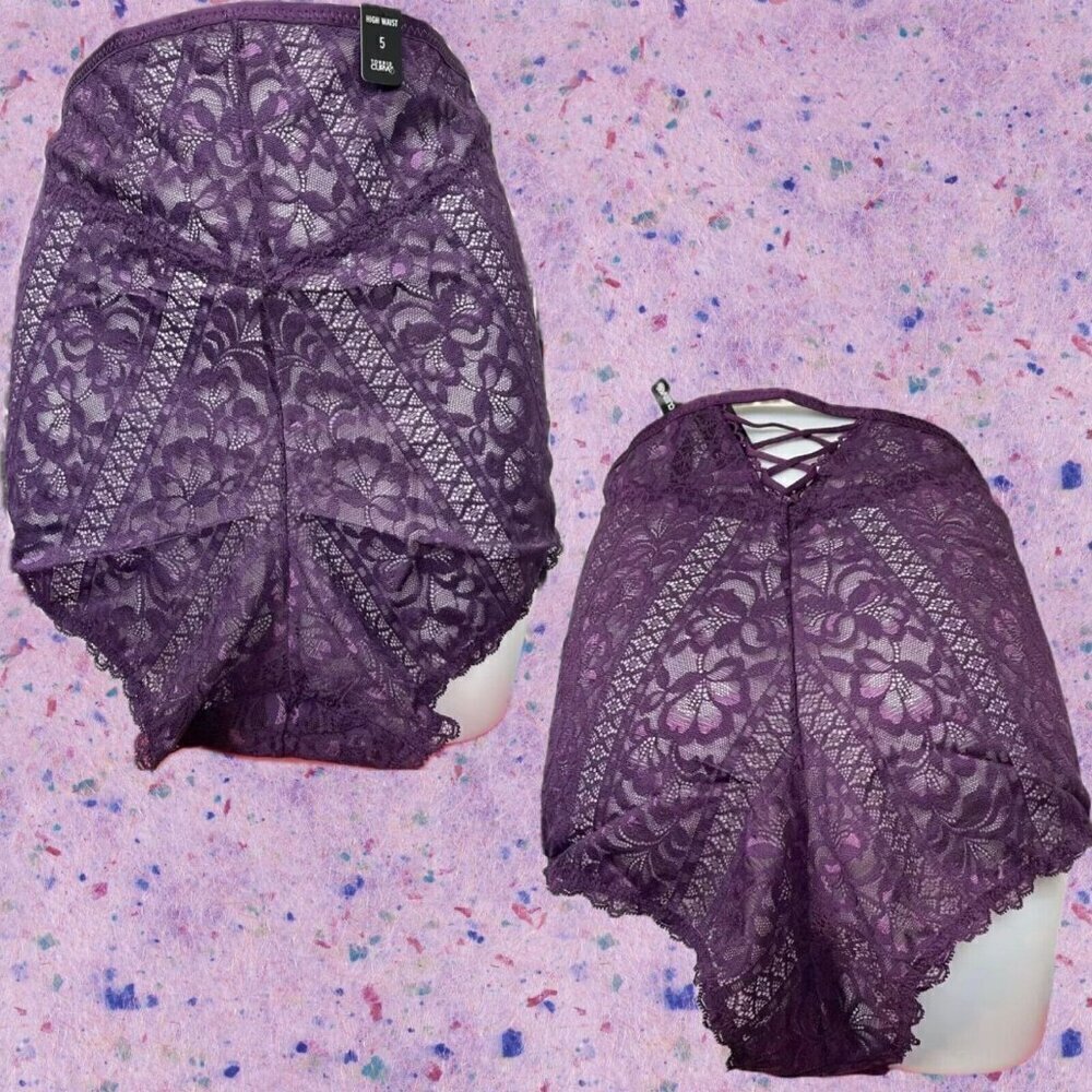 Torrid + 5 Eggplant Purple Floral Lace Caged Back High-Cut Tanga Brief Panties